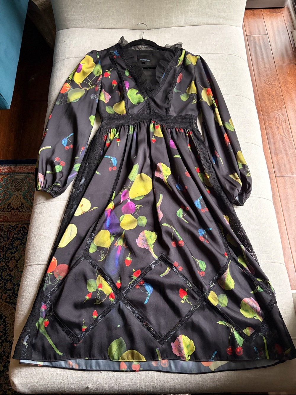 Cynthia Rowley Black Midi Dress with Multicolor Fruit Print